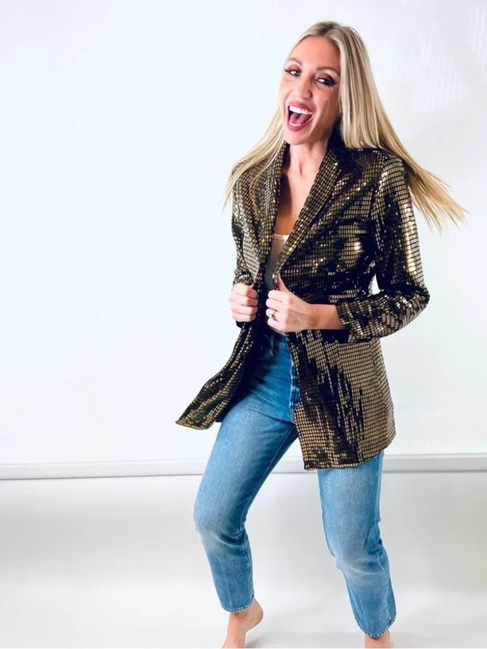 WD·NY Gold Metallic Blazer Statement Jacket Rectangular Mirror Sequin Strips M